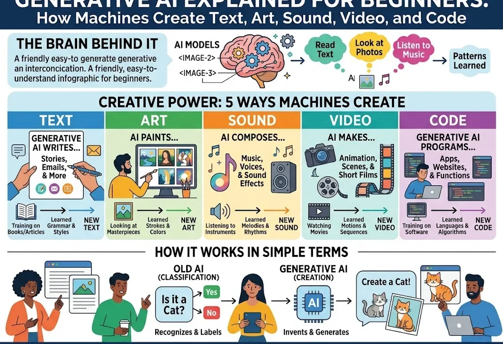 Generative AI Explained for Beginners How Machines Create Text, Art, Sound, Video, and Code