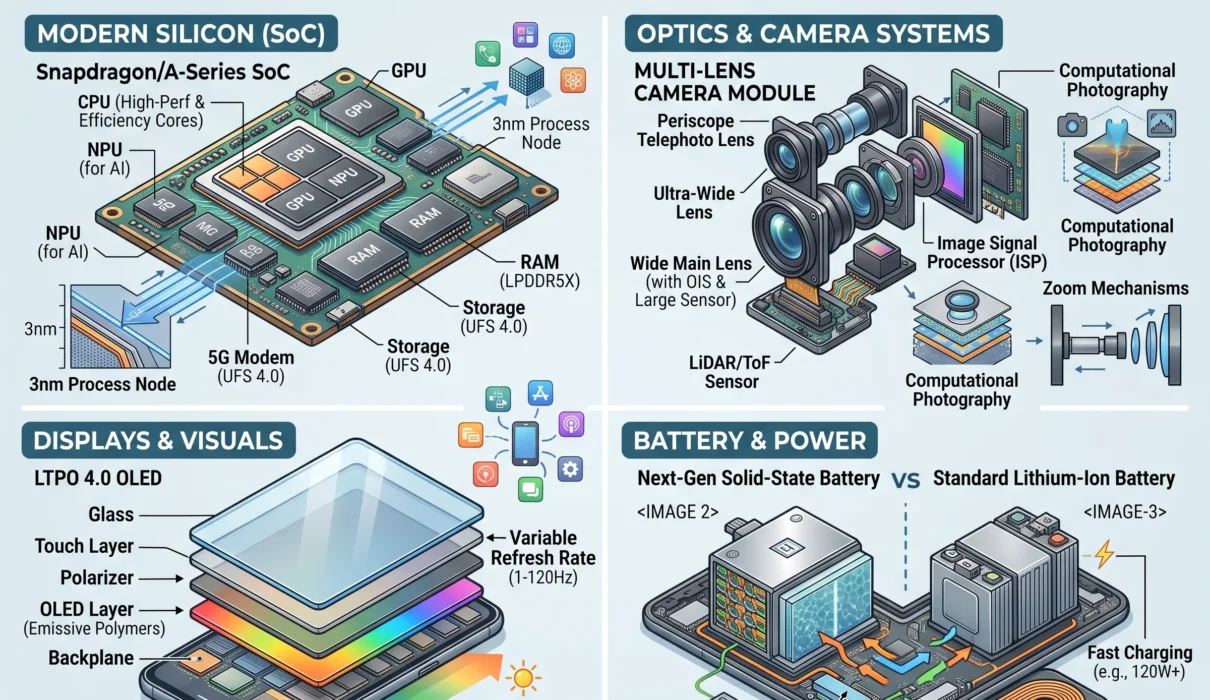Latest Smartphone Technology Explained Inside Modern Silicon, Optics, Displays, and Batteries